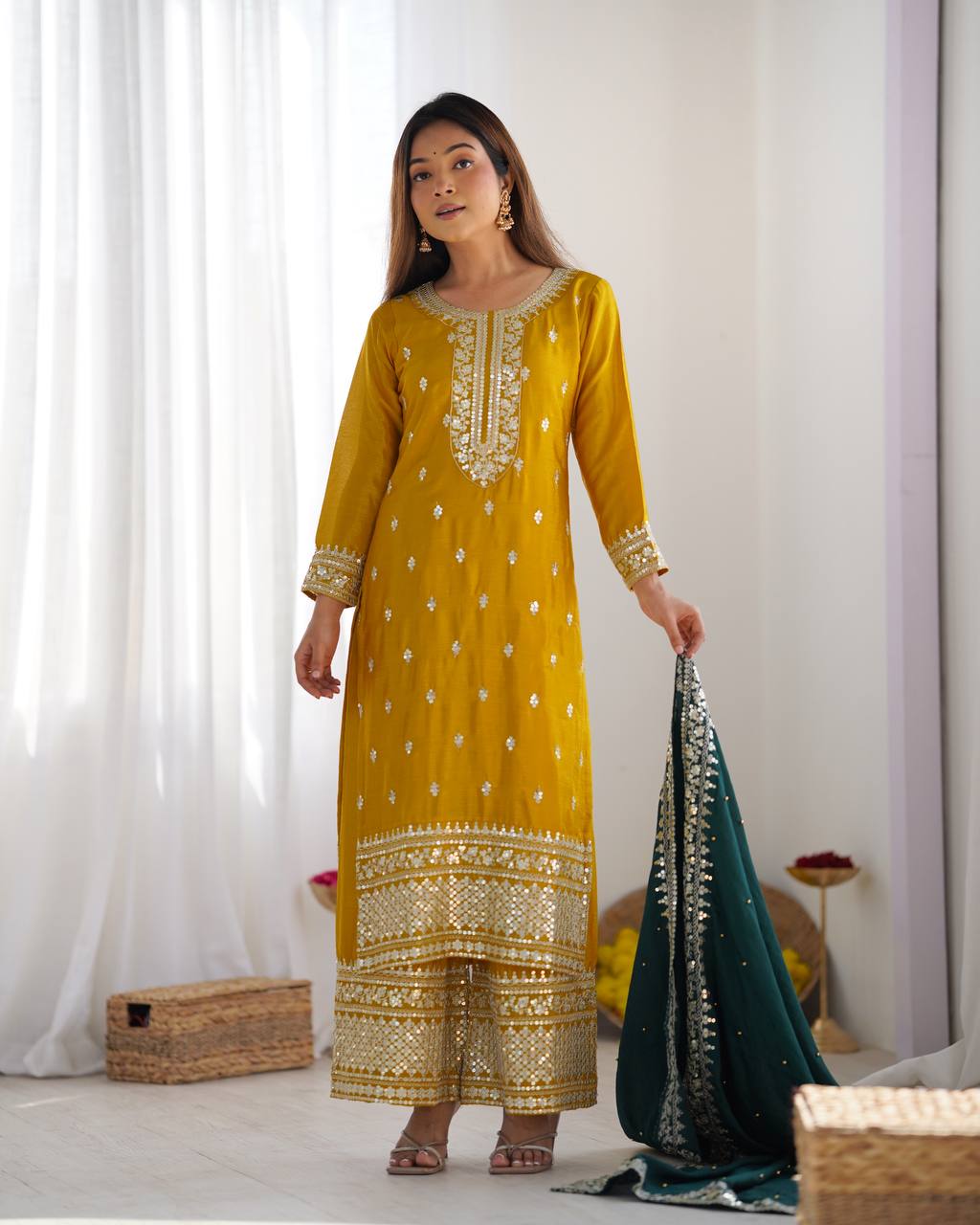 Festival Ready To Wear Chinnon Silk Top Bottom Dupatta Heavy Embroidery Sequence Work Set - Jaipuri Vastra