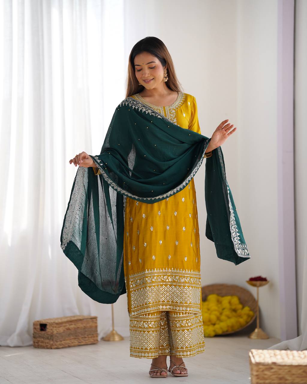 Festival Ready To Wear Chinnon Silk Top Bottom Dupatta Heavy Embroidery Sequence Work Set - Jaipuri Vastra