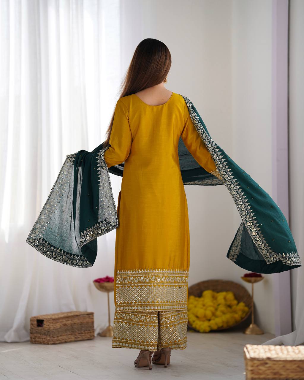 Festival Ready To Wear Chinnon Silk Top Bottom Dupatta Heavy Embroidery Sequence Work Set - Jaipuri Vastra