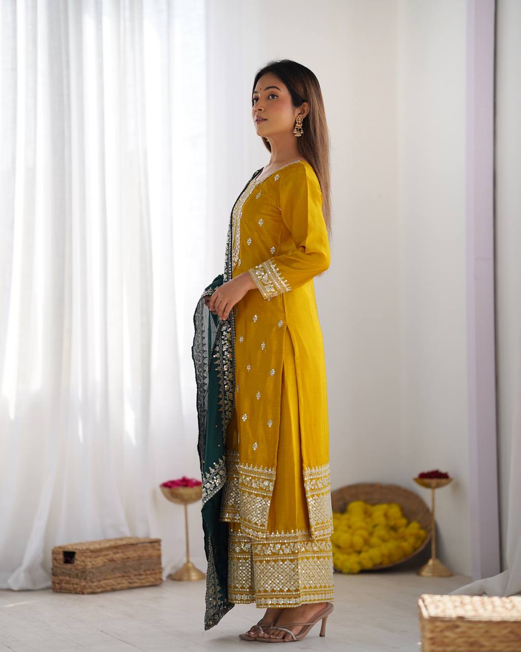 Festival Ready To Wear Chinnon Silk Top Bottom Dupatta Heavy Embroidery Sequence Work Set - Jaipuri Vastra