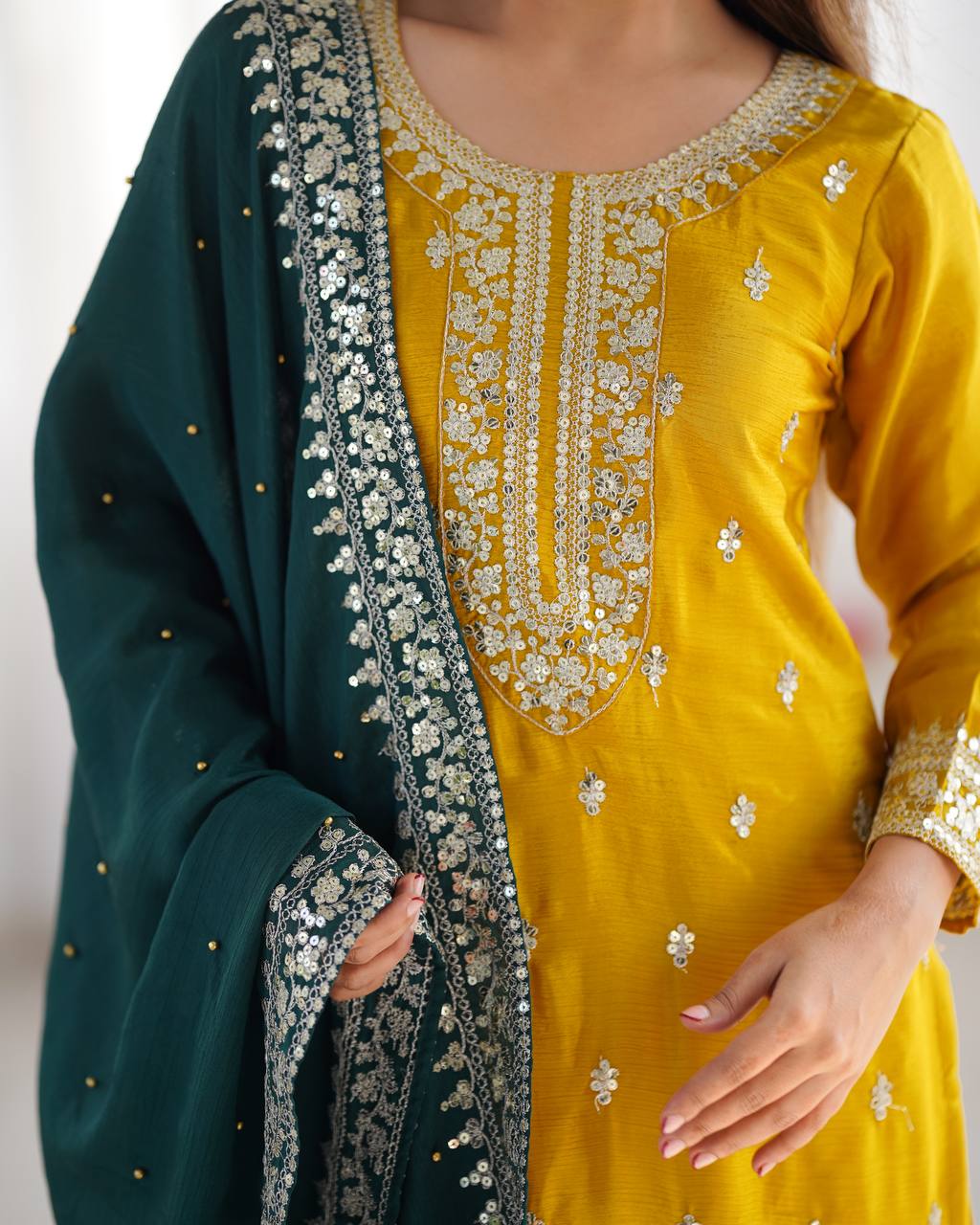 Festival Ready To Wear Chinnon Silk Top Bottom Dupatta Heavy Embroidery Sequence Work Set - Jaipuri Vastra
