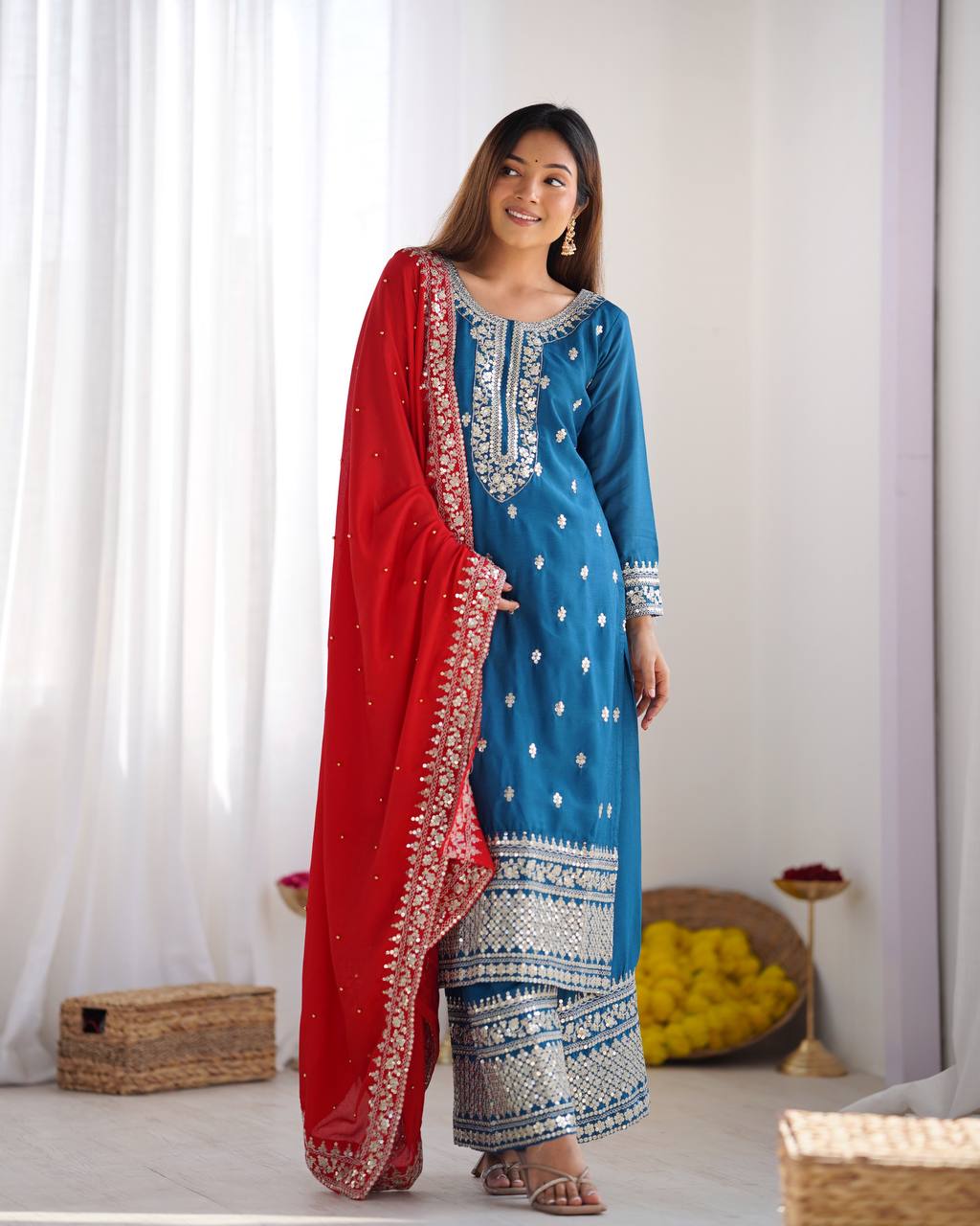 Festival Ready To Wear Chinnon Silk Top Bottom Dupatta Heavy Embroidery Sequence Work Set - Jaipuri Vastra