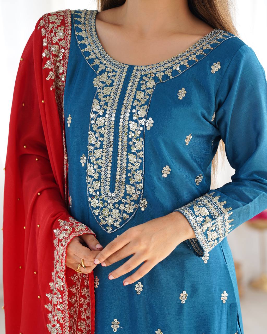 Festival Ready To Wear Chinnon Silk Top Bottom Dupatta Heavy Embroidery Sequence Work Set - Jaipuri Vastra