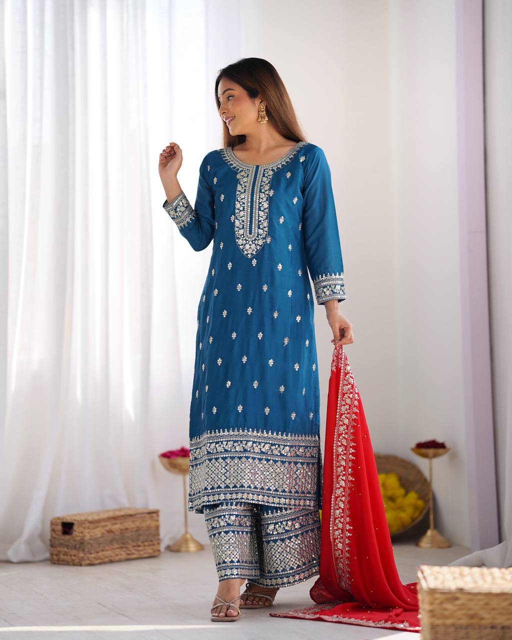Festival Ready To Wear Chinnon Silk Top Bottom Dupatta Heavy Embroidery Sequence Work Set - Jaipuri Vastra