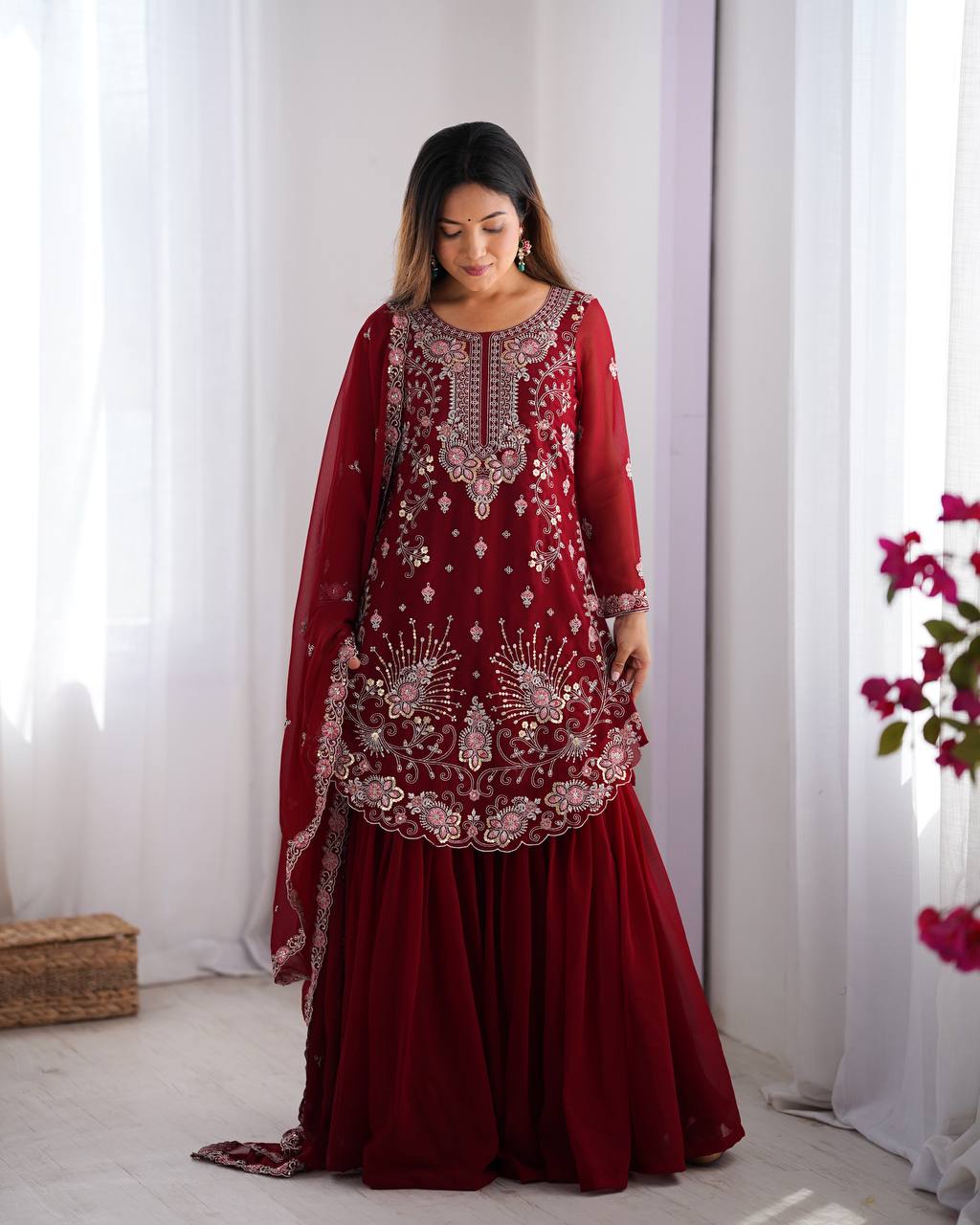 Premium Faux Georgette Sharara Set with Front and Back Work and Matching Dupatta - Jaipuri Vastra