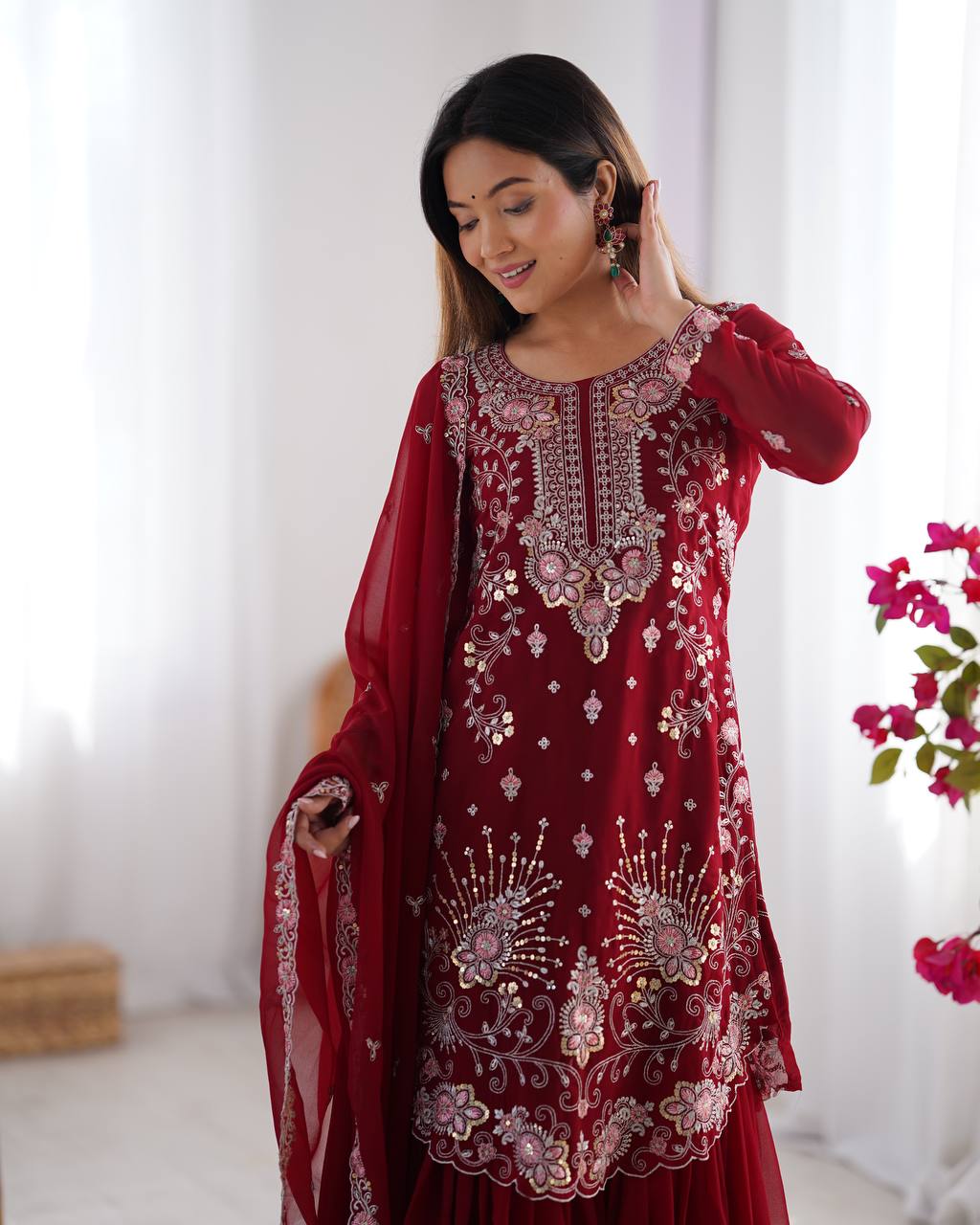 Premium Faux Georgette Sharara Set with Front and Back Work and Matching Dupatta - Jaipuri Vastra