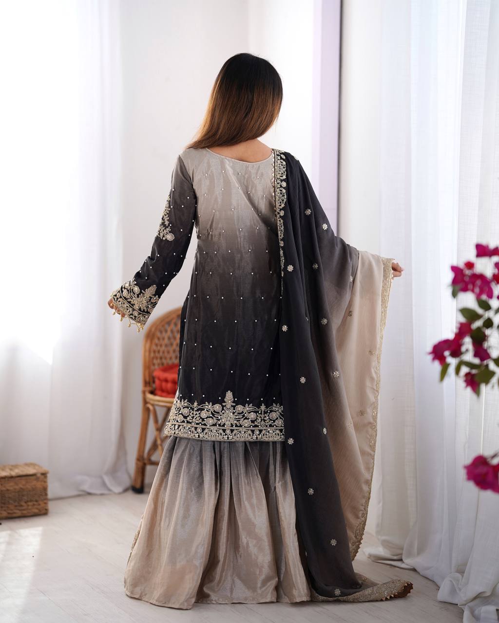 Elegant Chinon Silk Top with Coding Dori Sequin and Rivet Moti Work Plazzo Suit - Jaipuri Vastra