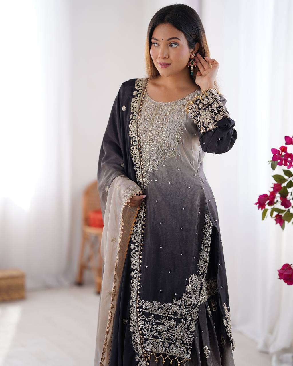Elegant Chinon Silk Top with Coding Dori Sequin and Rivet Moti Work Plazzo Suit - Jaipuri Vastra