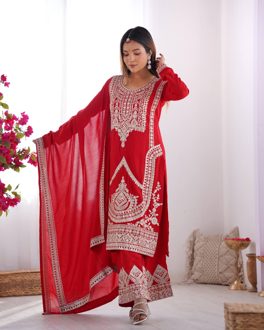 Premium Vichitra Silk Kurta with Straight Cut Design, Dupatta and Ready-to-Wear Trousers - Jaipuri Vastra