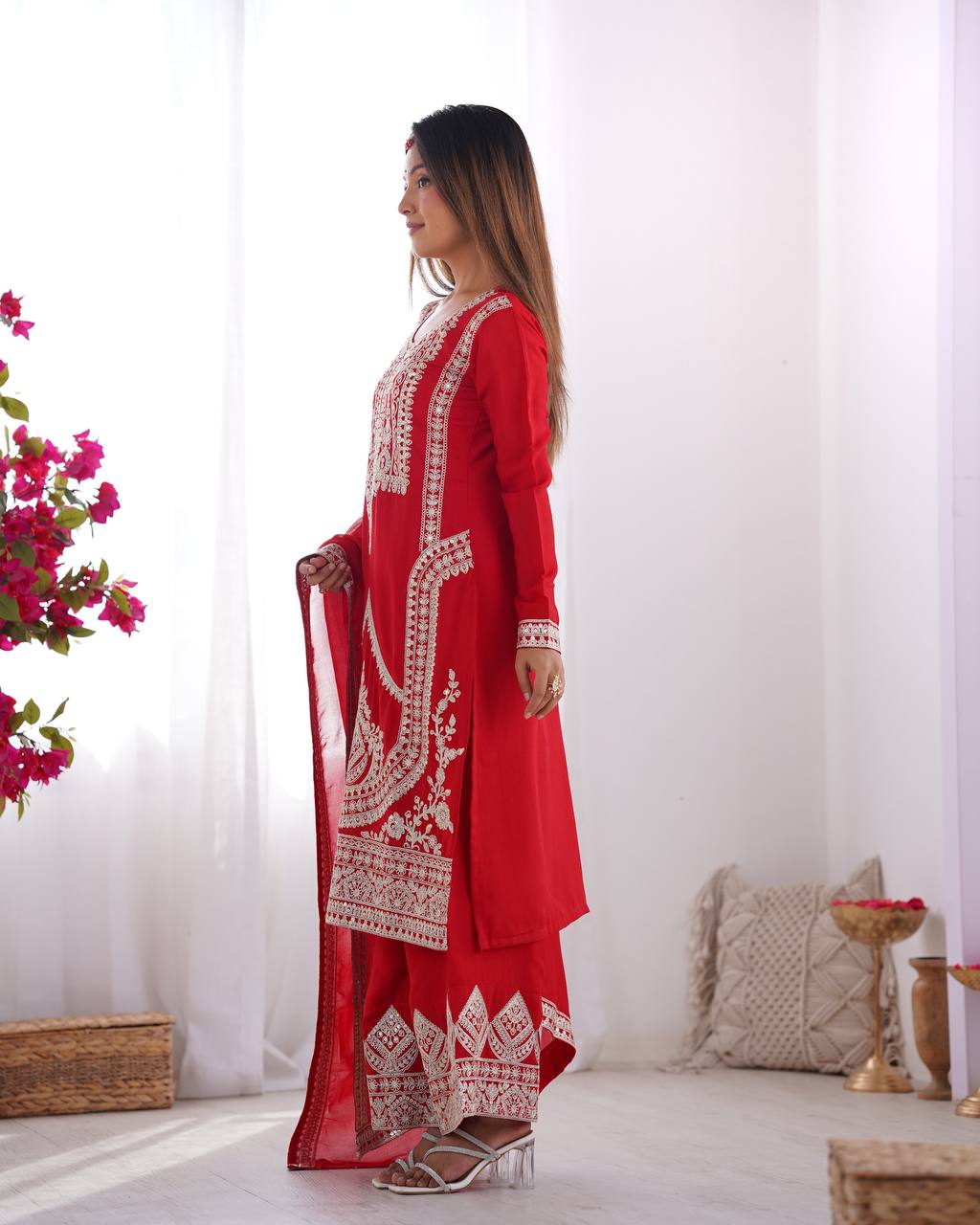 Premium Vichitra Silk Kurta with Straight Cut Design, Dupatta and Ready-to-Wear Trousers - Jaipuri Vastra