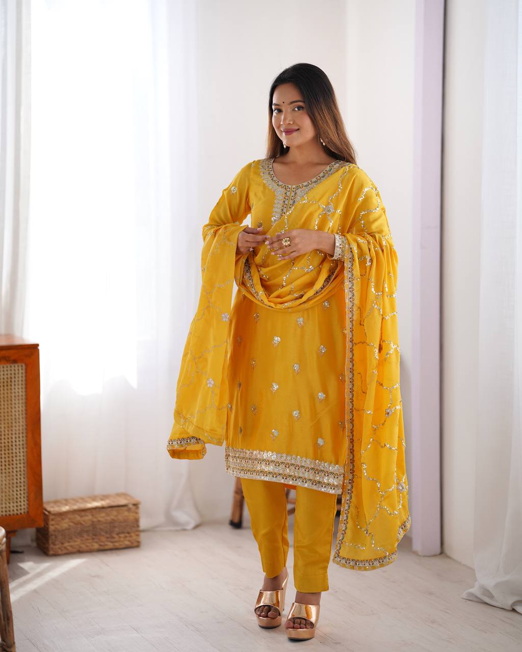 Chinon Silk Thread and Sequin Embroidered Top with Matching Pant and Dupatta - Jaipuri Vastra