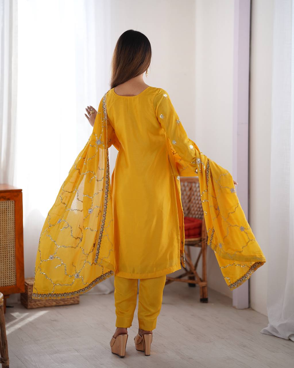 Chinon Silk Thread and Sequin Embroidered Top with Matching Pant and Dupatta - Jaipuri Vastra