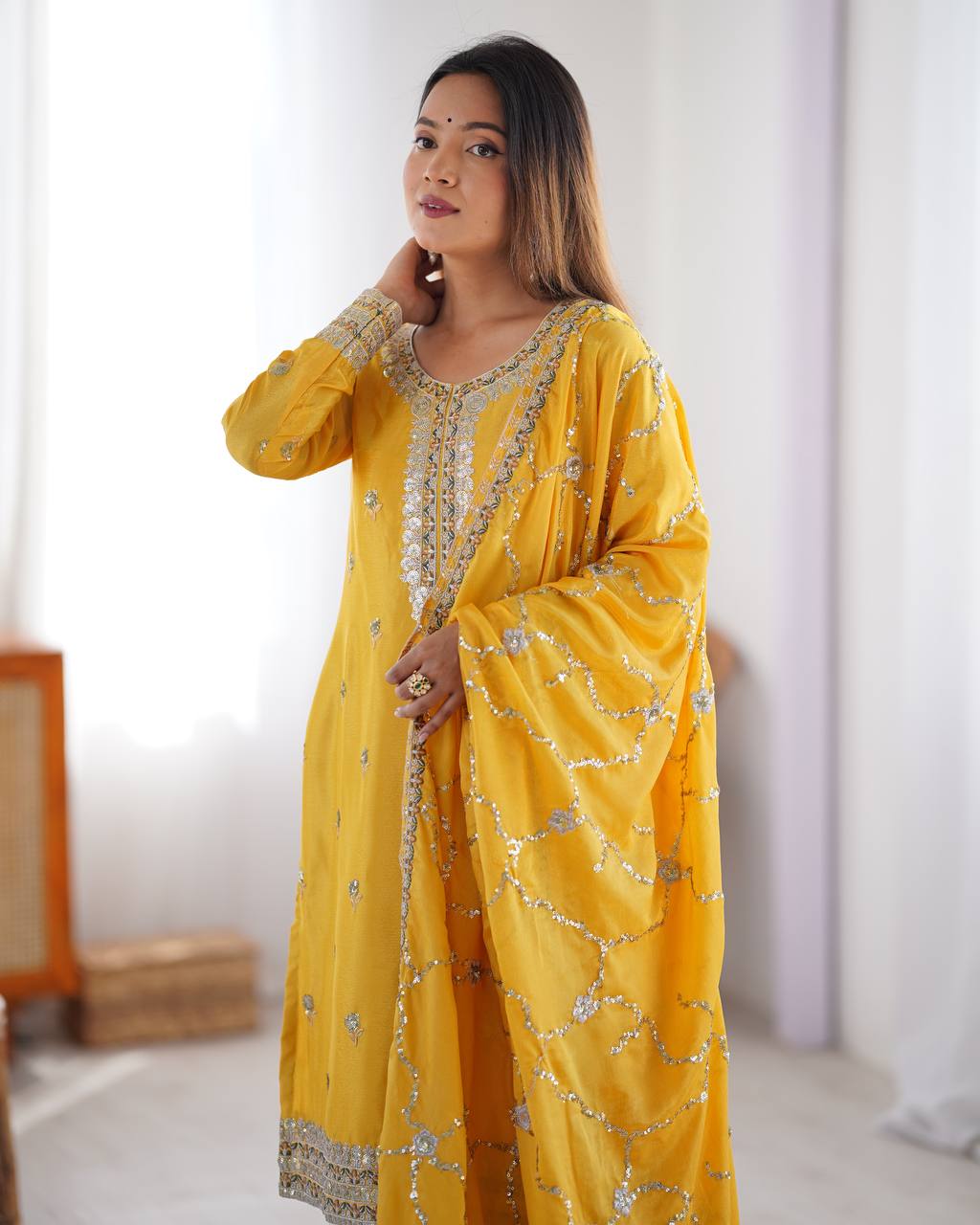 Chinon Silk Thread and Sequin Embroidered Top with Matching Pant and Dupatta - Jaipuri Vastra