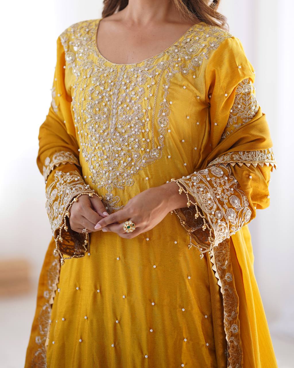 Elegant Chinon Silk Top with Coding Dori Sequin and Rivet Moti Work Plazzo Suit - Jaipuri Vastra