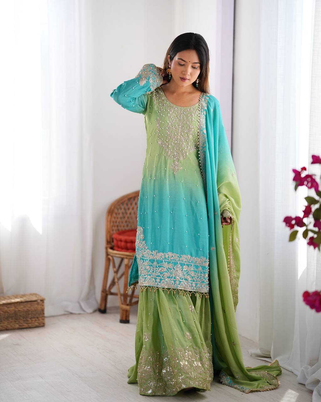 Elegant Chinon Silk Top with Coding Dori Sequin and Rivet Moti Work Plazzo Suit - Jaipuri Vastra