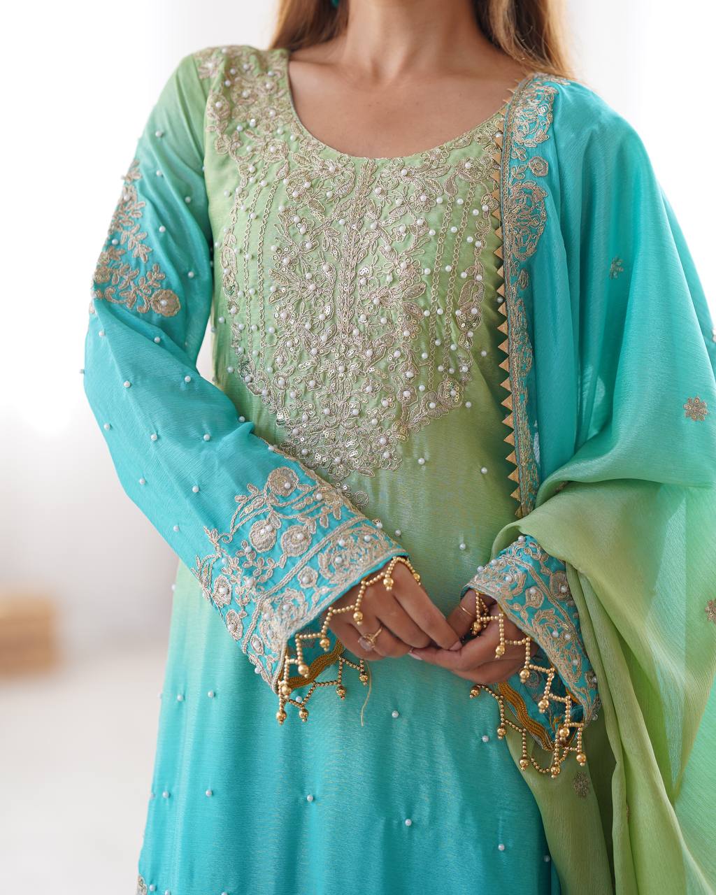 Elegant Chinon Silk Top with Coding Dori Sequin and Rivet Moti Work Plazzo Suit - Jaipuri Vastra