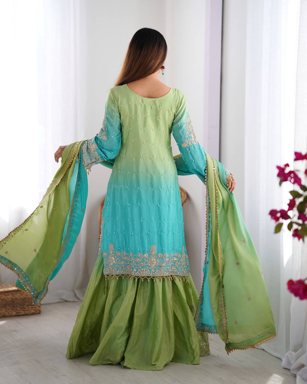 Elegant Chinon Silk Top with Coding Dori Sequin and Rivet Moti Work Plazzo Suit - Jaipuri Vastra