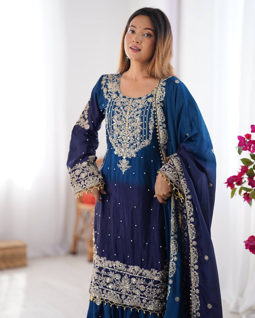 Elegant Chinon Silk Top with Coding Dori Sequin and Rivet Moti Work Plazzo Suit - Jaipuri Vastra