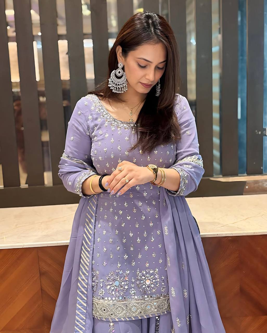 Festive Faux Georgette Suit Set in Purple with Heavy Embroidery, Pearl Detailing and Mirror Hand Work - Jaipuri Vastra