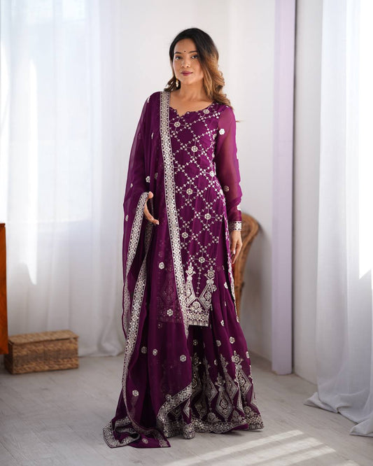 Premium Faux Georgette Front and Back Sequin Embroidered Suit with Plazzo and Dupatta - Jaipuri Vastra
