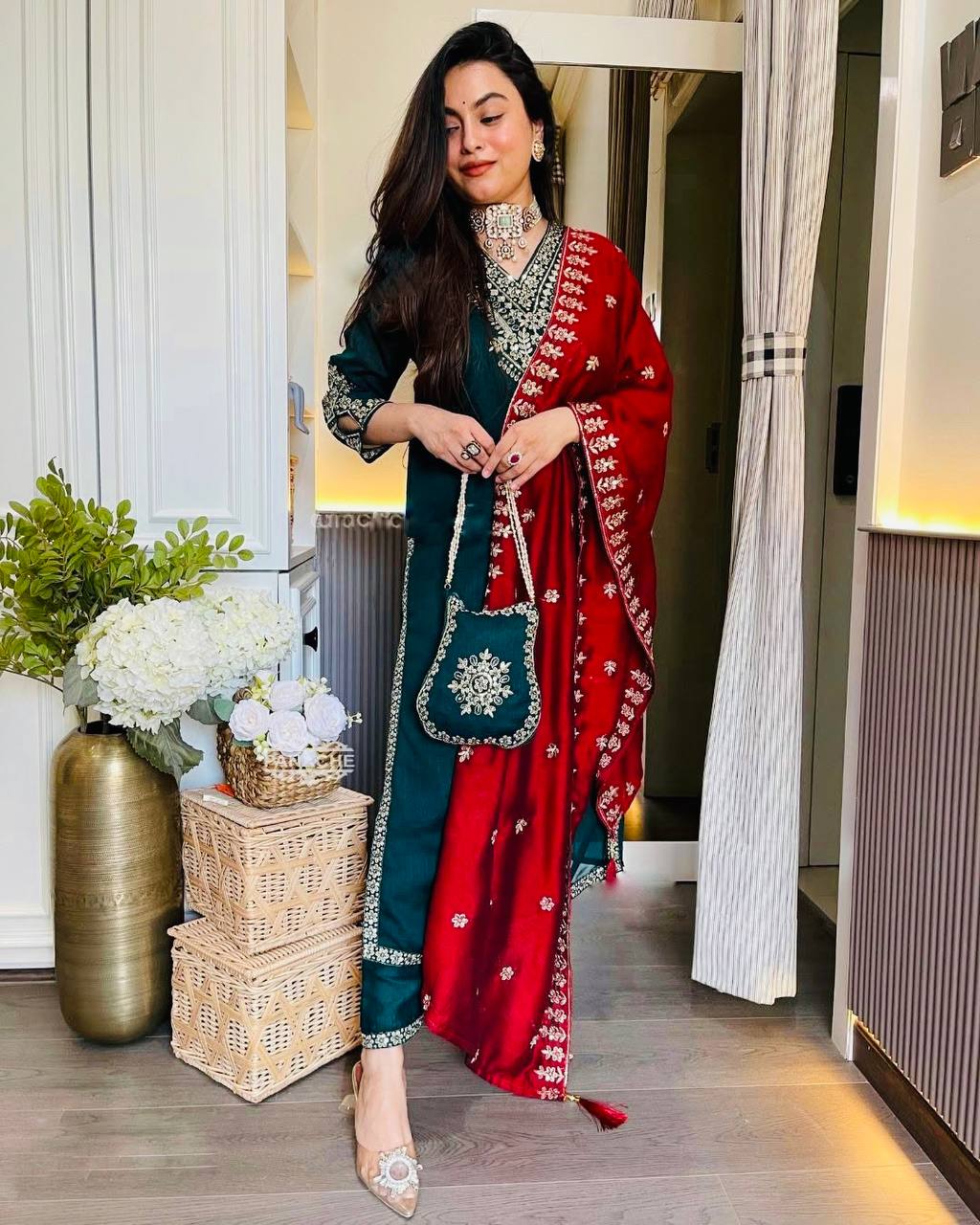 Festival Wear Chinnon Silk Top Bottom Dupatta Set with Heavy Embroidery Sequence Work Fully Stitched - Jaipuri Vastra