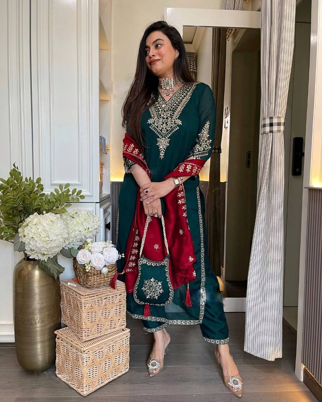 Festival Wear Chinnon Silk Top Bottom Dupatta Set with Heavy Embroidery Sequence Work Fully Stitched - Jaipuri Vastra
