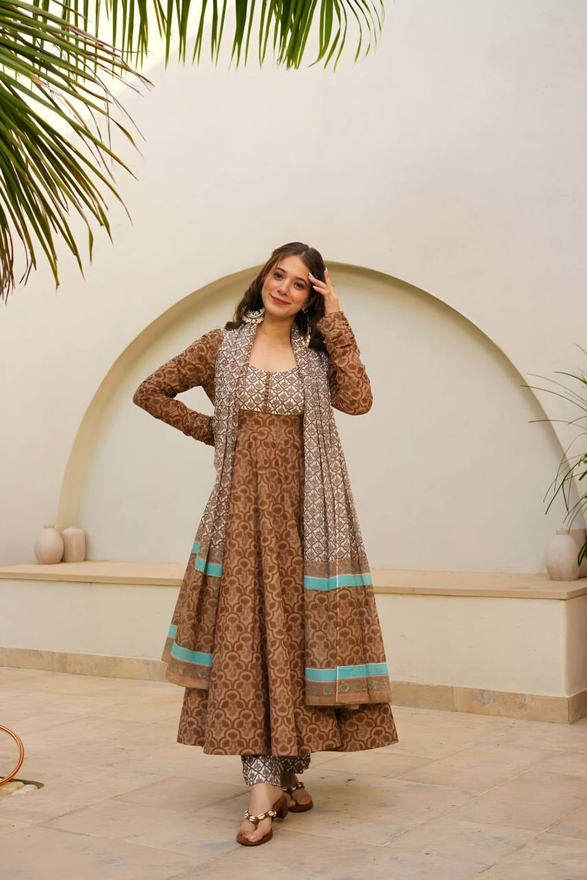 Stylish Readymade Anarkali Suit Set for Women Maslin Digital Printed Three Piece - Jaipuri Vastra