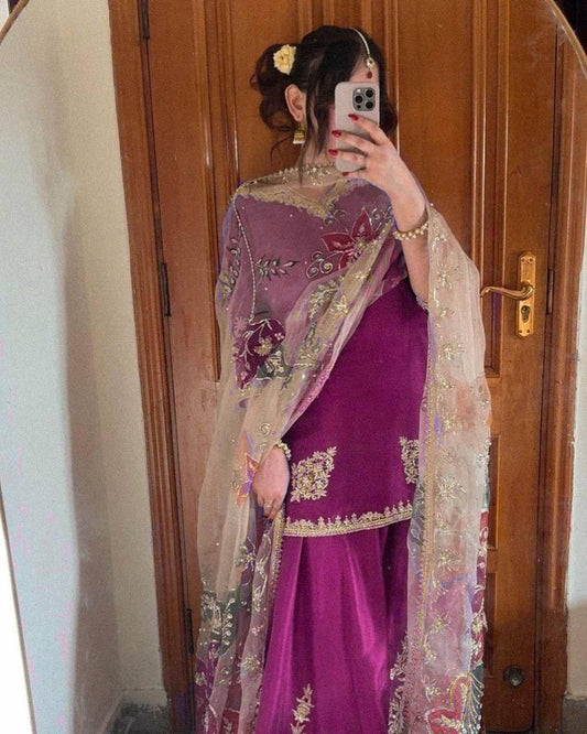 Premium Partywear Chinon Suit with Embroidered Gharara and Lace Organza Dupatta