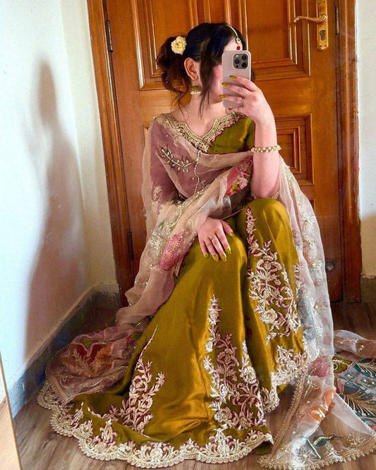 Premium Partywear Chinon Suit with Embroidered Gharara and Lace Organza Dupatta