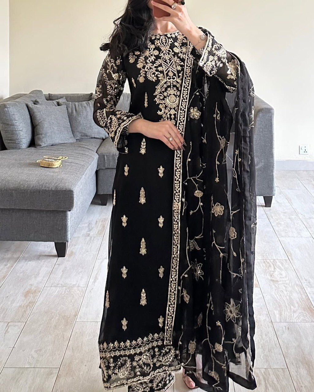 Luxe Noir Edition Faux Georgette Ensemble with Straight Pants and Draped Dupatta - Jaipuri Vastra