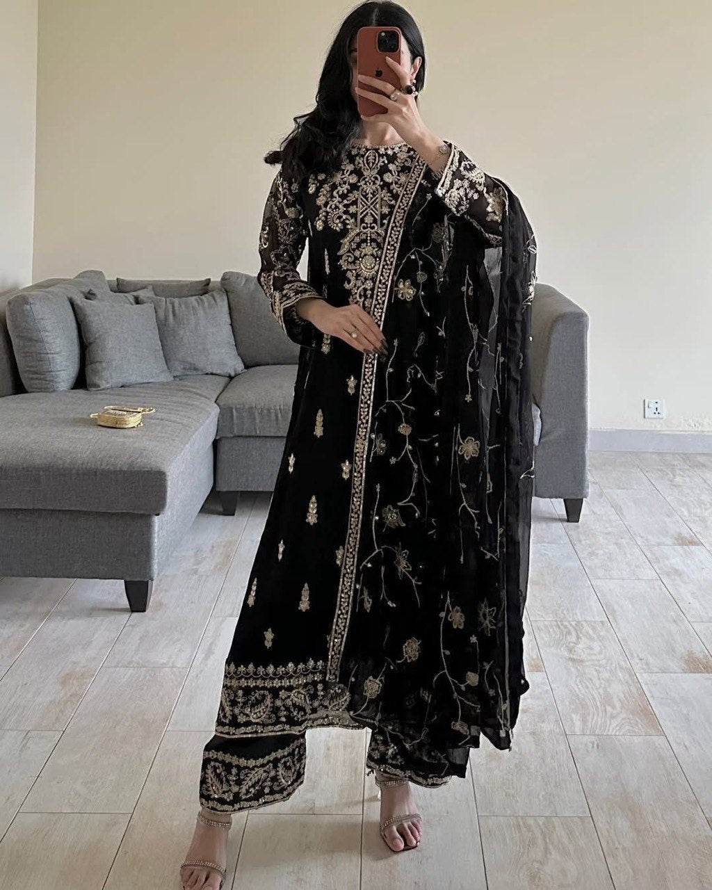 Luxe Noir Edition Faux Georgette Ensemble with Straight Pants and Draped Dupatta - Jaipuri Vastra