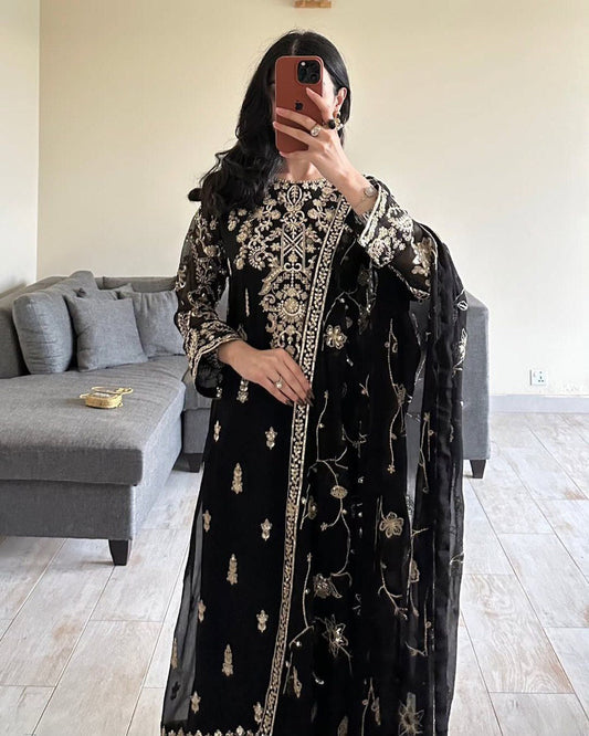 Luxe Noir Edition Faux Georgette Ensemble with Straight Pants and Draped Dupatta - Jaipuri Vastra