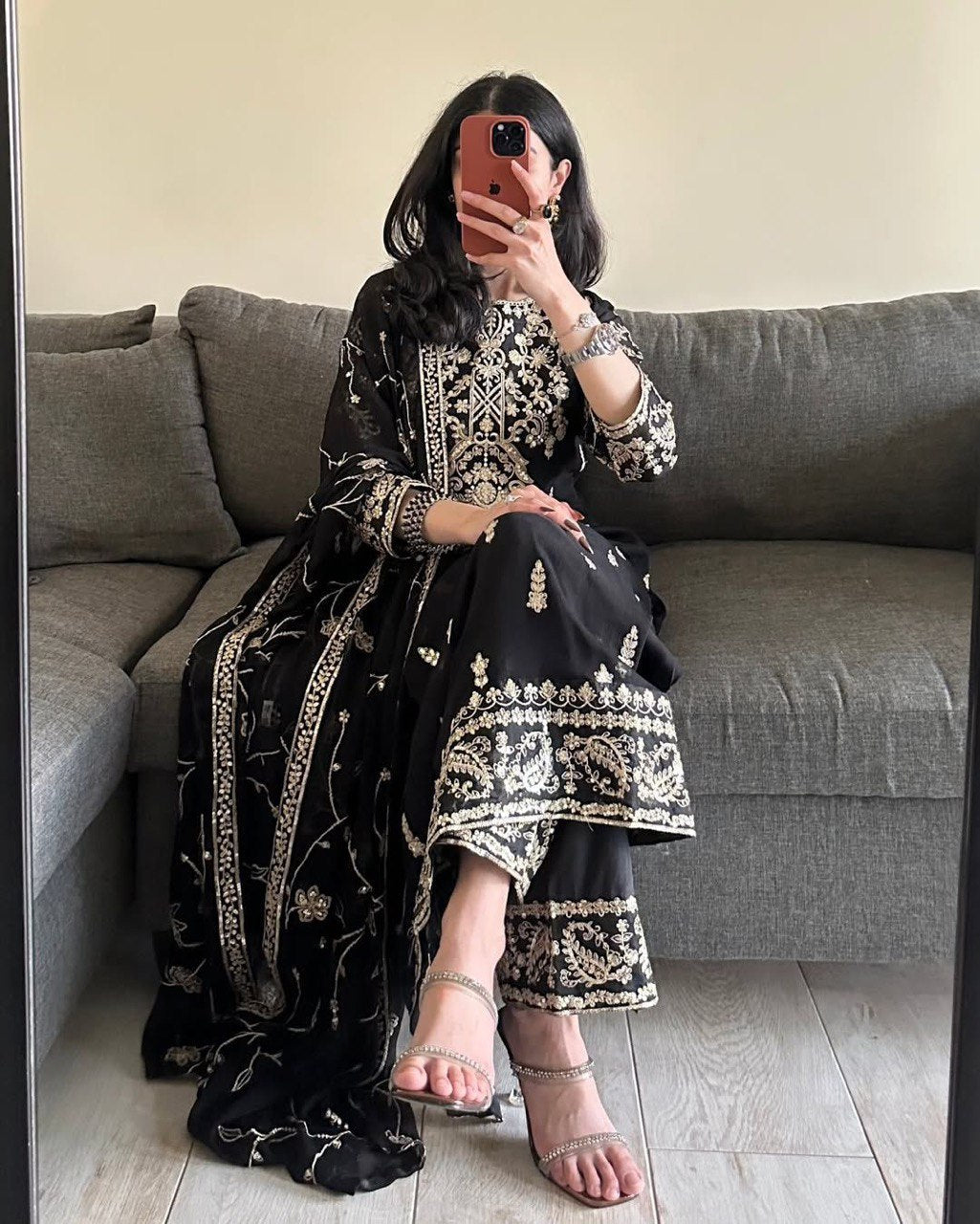 Luxe Noir Edition Faux Georgette Ensemble with Straight Pants and Draped Dupatta - Jaipuri Vastra
