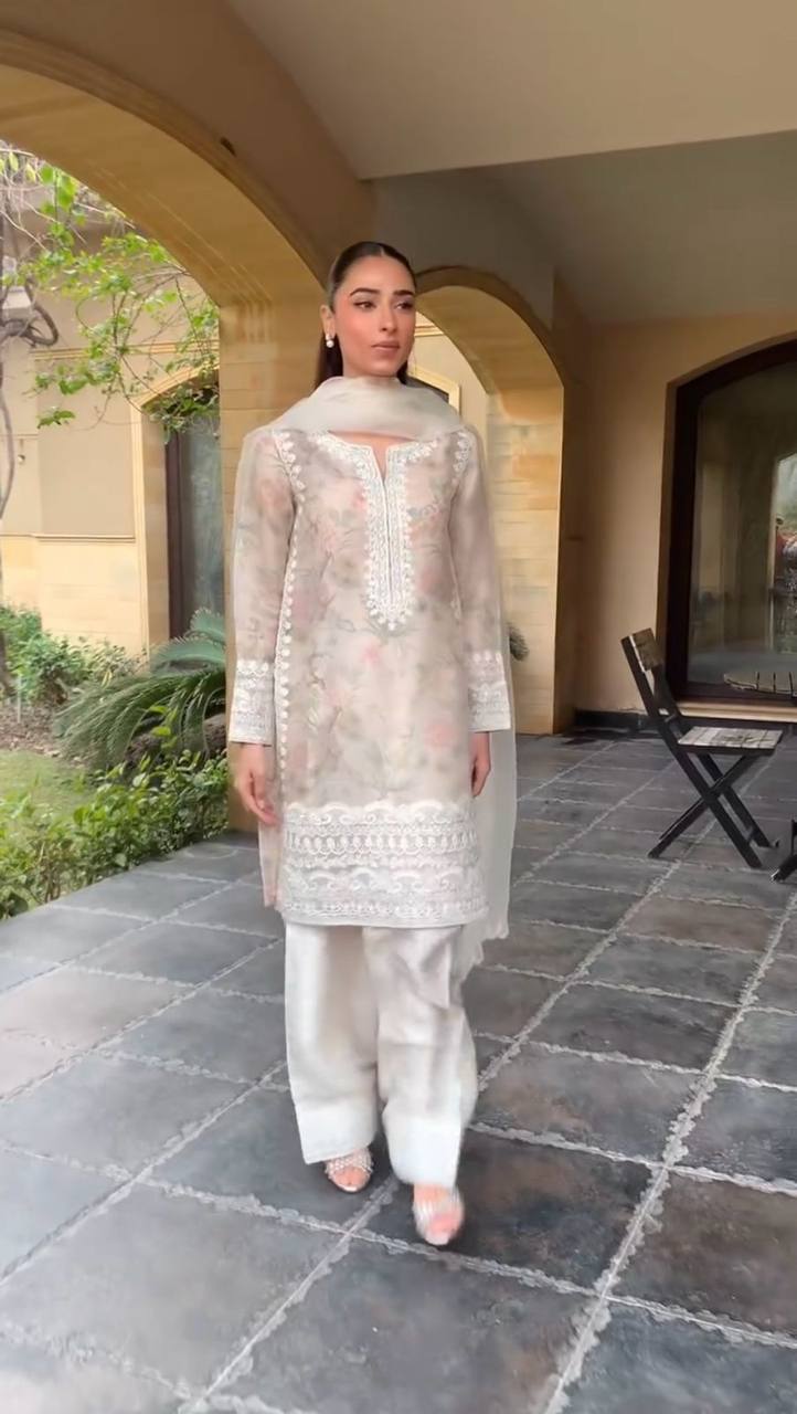 Elegant Kurta and Farshi Salwar Set in Tebi Organza with Embroidery and Lace Border Dupatta
