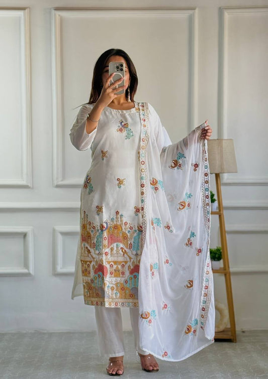 Designer Embroidered Roman Silk Top and Pant Set with Micro Cotton Inner