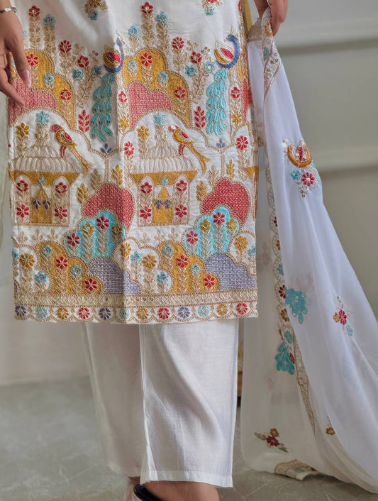 Designer Embroidered Roman Silk Top and Pant Set with Micro Cotton Inner