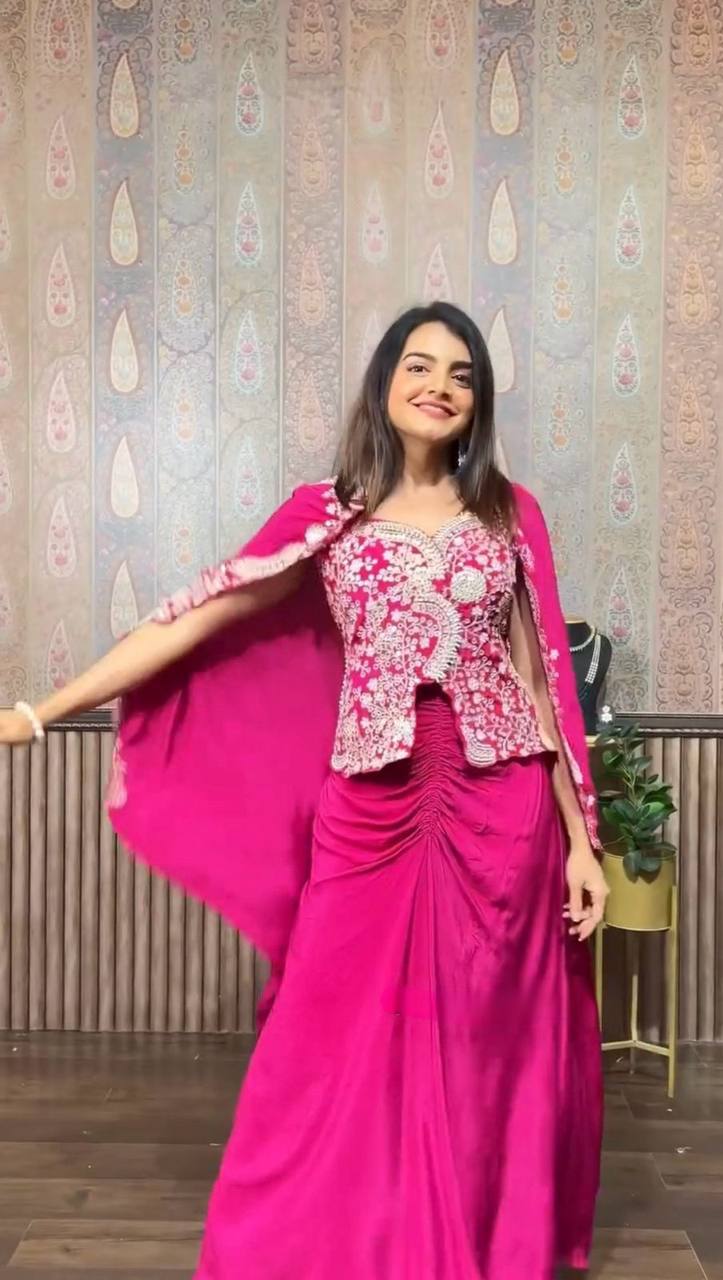 Designer Indo-Western Chinon Dhoti Set with Long Blouse and Embroidered Koti