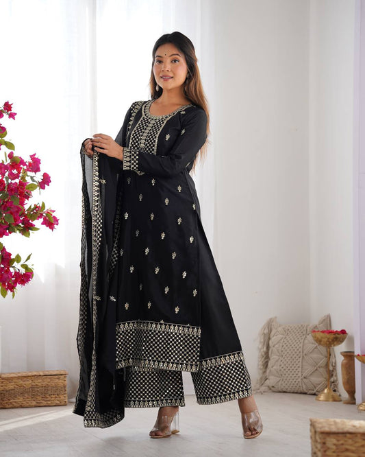 Designer Embroidered Chinon Silk Kurta with Zari and Sequence Work, Paired with Trousers and Dupatta - Jaipuri Vastra