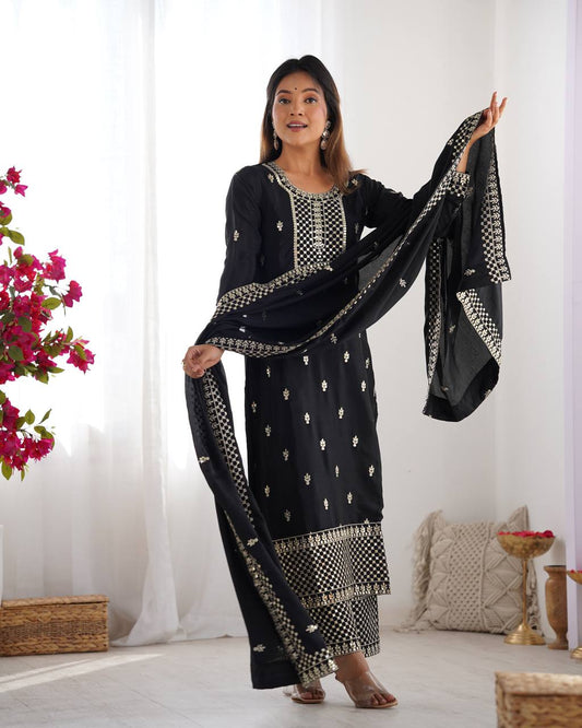 Designer Embroidered Chinon Silk Kurta with Zari and Sequence Work, Paired with Trousers and Dupatta - Jaipuri Vastra