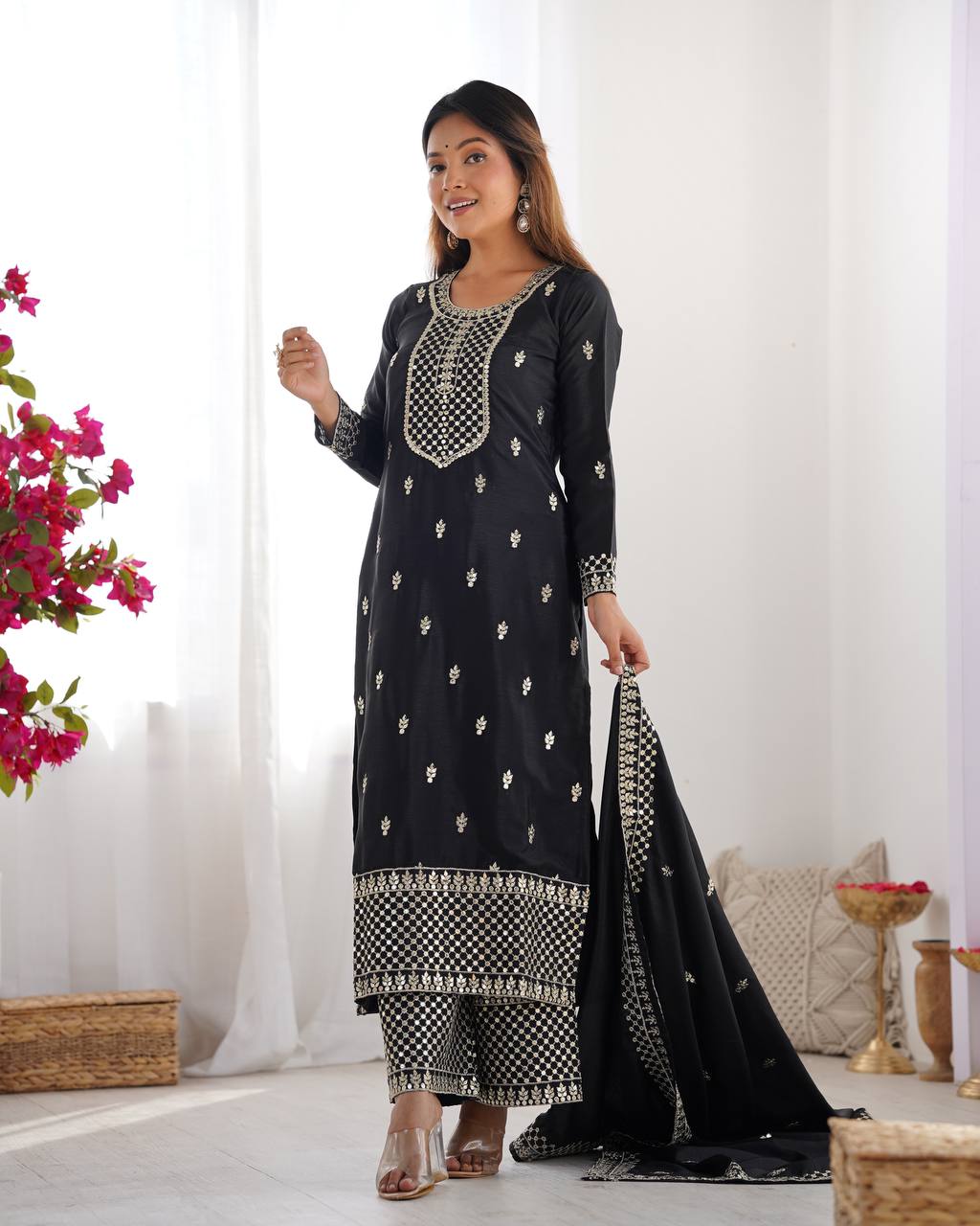 Designer Embroidered Chinon Silk Kurta with Zari and Sequence Work, Paired with Trousers and Dupatta - Jaipuri Vastra