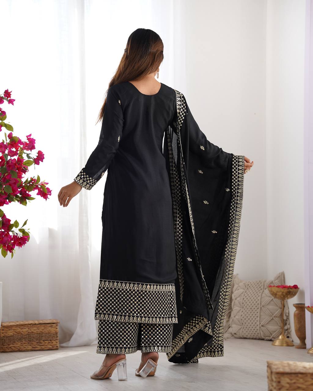 Designer Embroidered Chinon Silk Kurta with Zari and Sequence Work, Paired with Trousers and Dupatta - Jaipuri Vastra