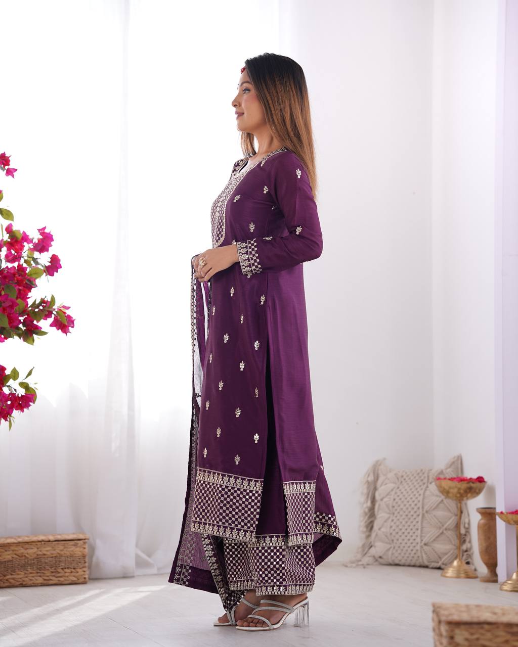 Designer Embroidered Chinon Silk Kurta with Zari and Sequence Work, Paired with Trousers and Dupatta - Jaipuri Vastra