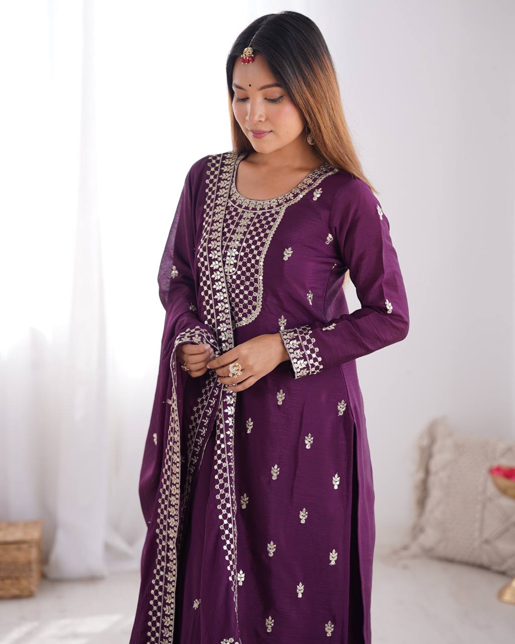 Designer Embroidered Chinon Silk Kurta with Zari and Sequence Work, Paired with Trousers and Dupatta - Jaipuri Vastra