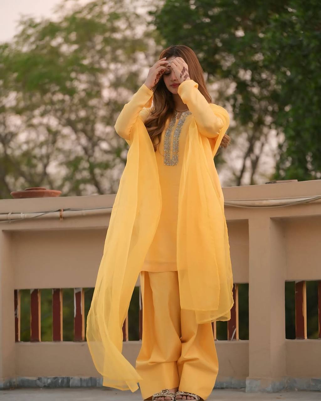 Ready-to-Wear Faux Georgette Embroidered Top Dupatta and Farshi Pant Set - Jaipuri Vastra