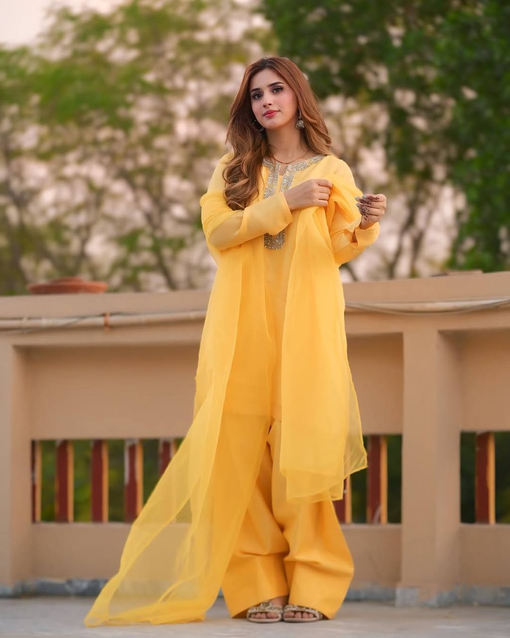 Ready-to-Wear Faux Georgette Embroidered Top Dupatta and Farshi Pant Set - Jaipuri Vastra