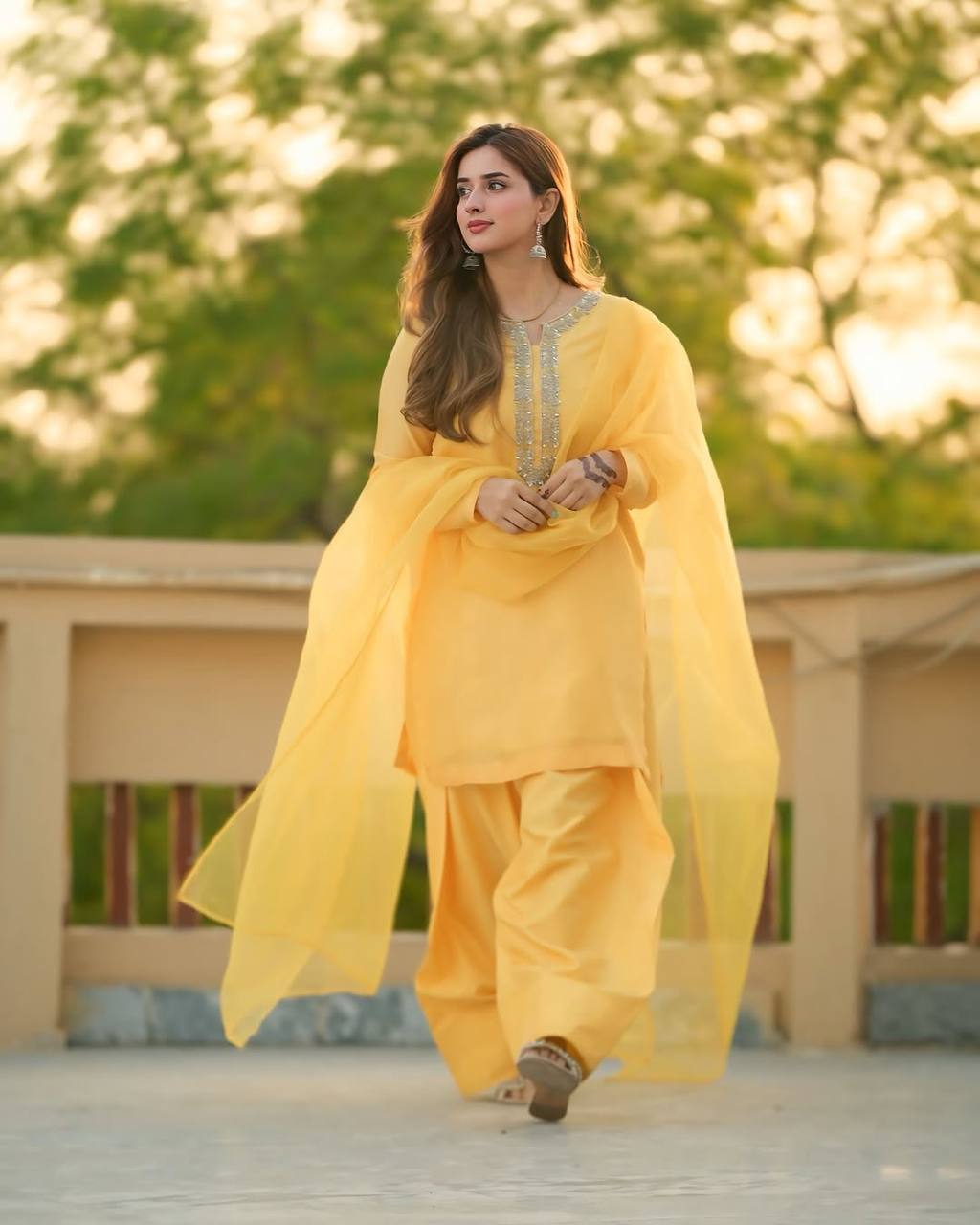 Ready-to-Wear Faux Georgette Embroidered Top Dupatta and Farshi Pant Set - Jaipuri Vastra
