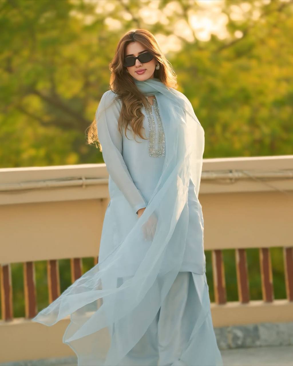 Ready-to-Wear Faux Georgette Embroidered Top Dupatta and Farshi Pant Set - Jaipuri Vastra