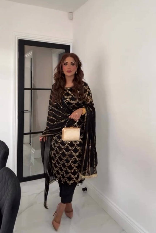 Elegant Party Wear Top and Bottom Set with Heavy Faux Georgette Embroidery and Moti Lace