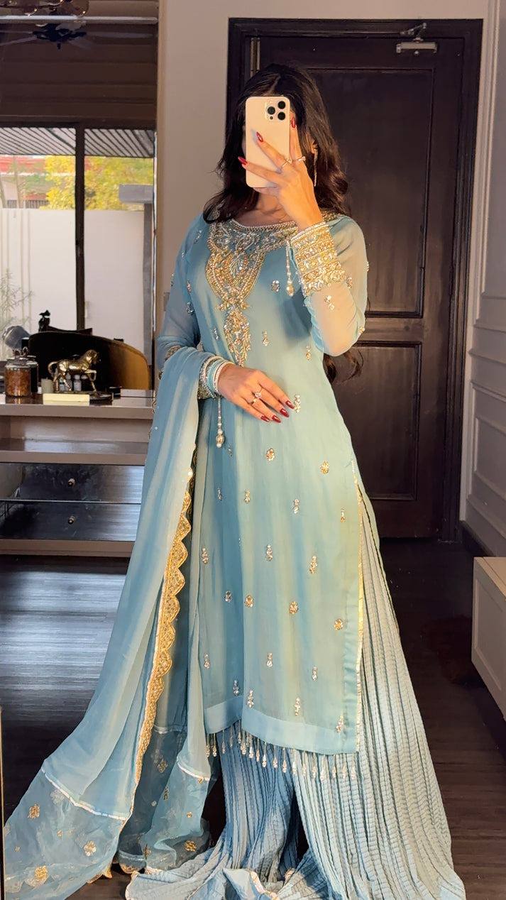 Designer Ready-to-Wear Faux Georgette Embroidered Set with Dupatta in Sky Blue - Jaipuri Vastra