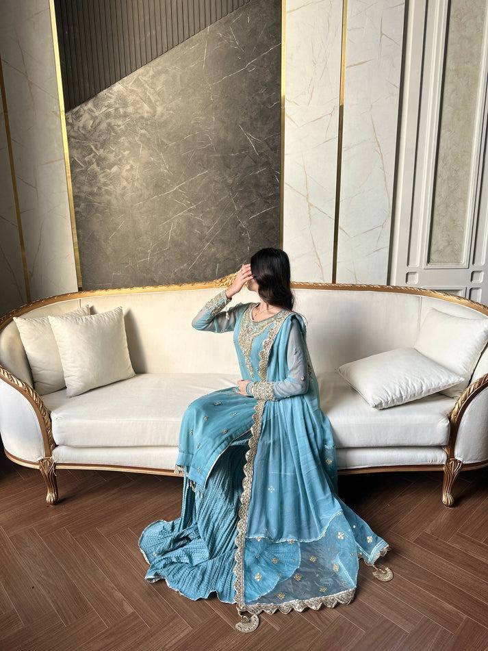 Designer Ready-to-Wear Faux Georgette Embroidered Set with Dupatta in Sky Blue - Jaipuri Vastra